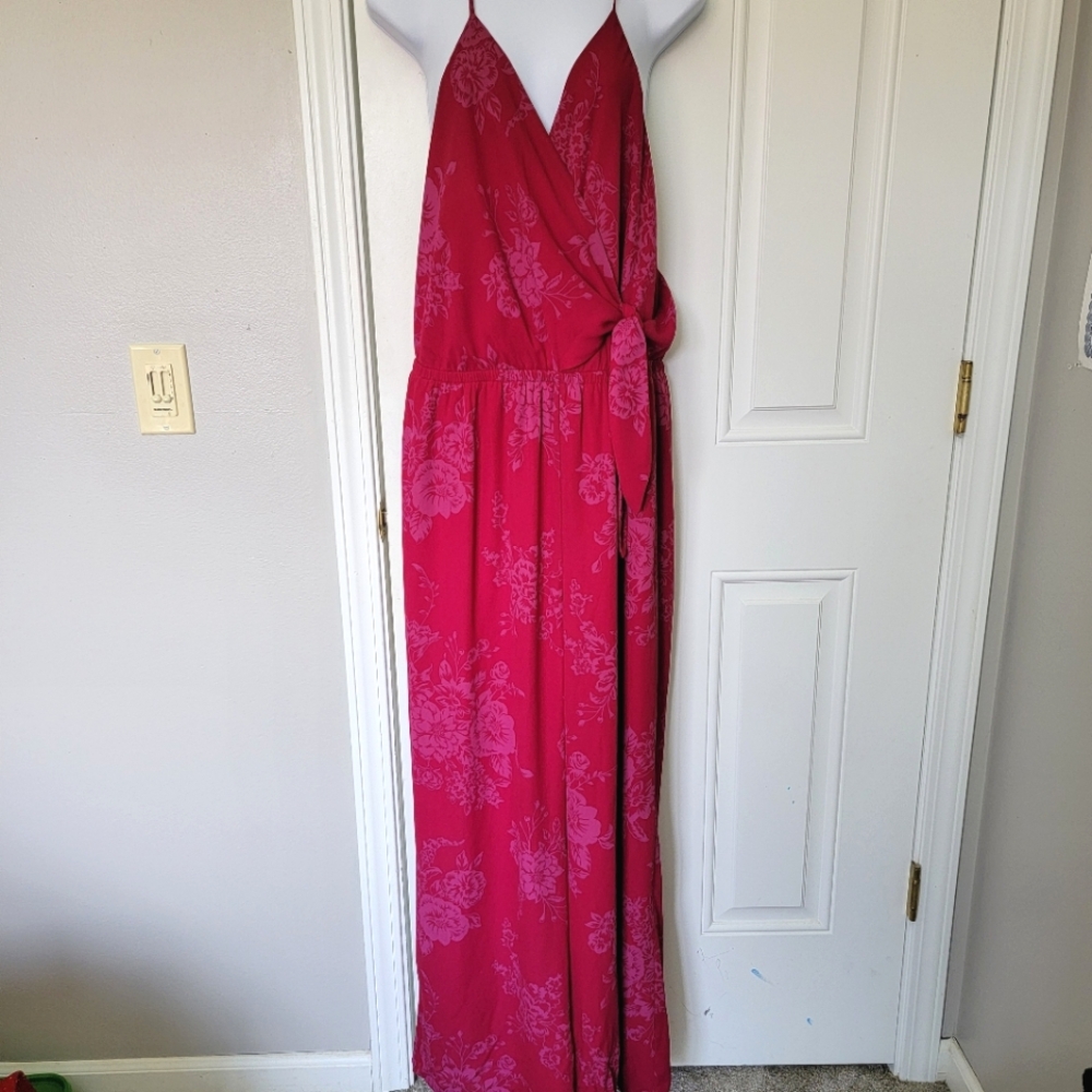 Express Sleeveless Front Tie Wide Leg Jumpsuit Magenta Purple Floral XL